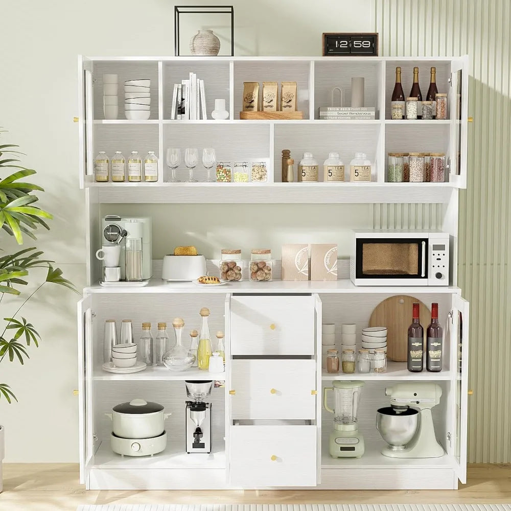 Large Kitchen Hutch Cabinet with Glass Doors 3 Drawers Microwave Shelf