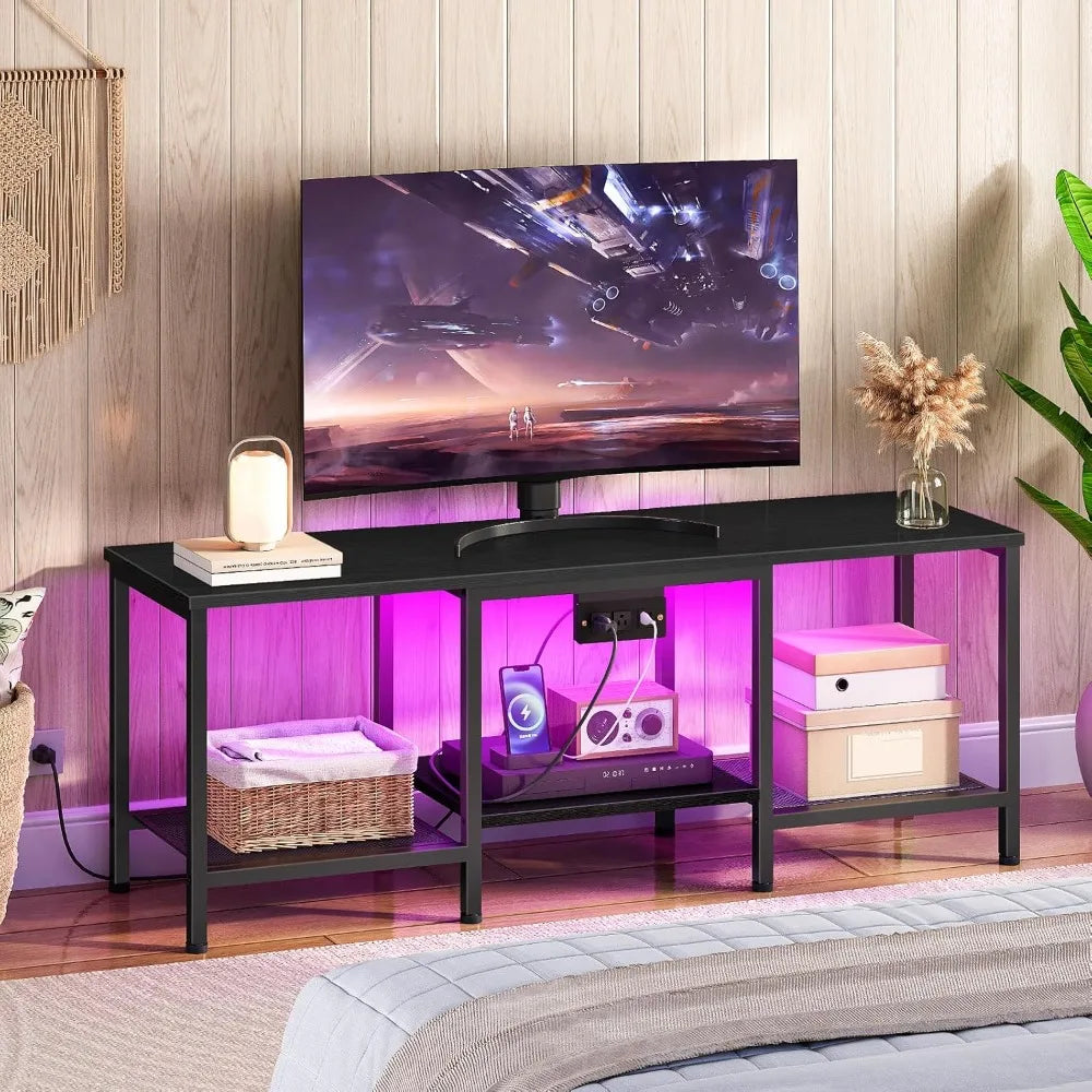 TV Stand with Charging Station LED Entertainment Center for 55 Inch TV