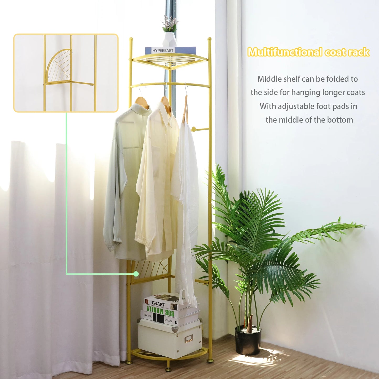 Metal Corner Coat Stand Free Standing Garment Rack with Storage Shelf