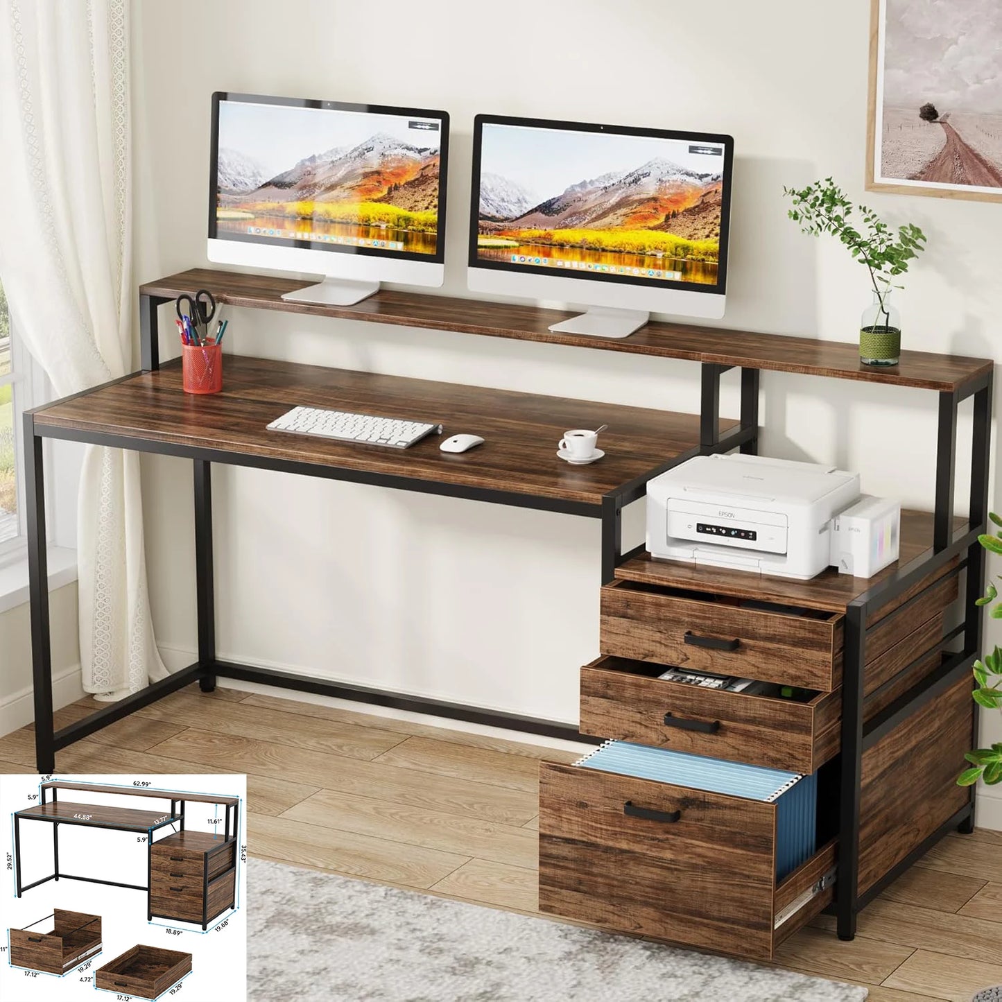 L-Shaped Computer Desk with 3 Drawers for Home Office Small Space