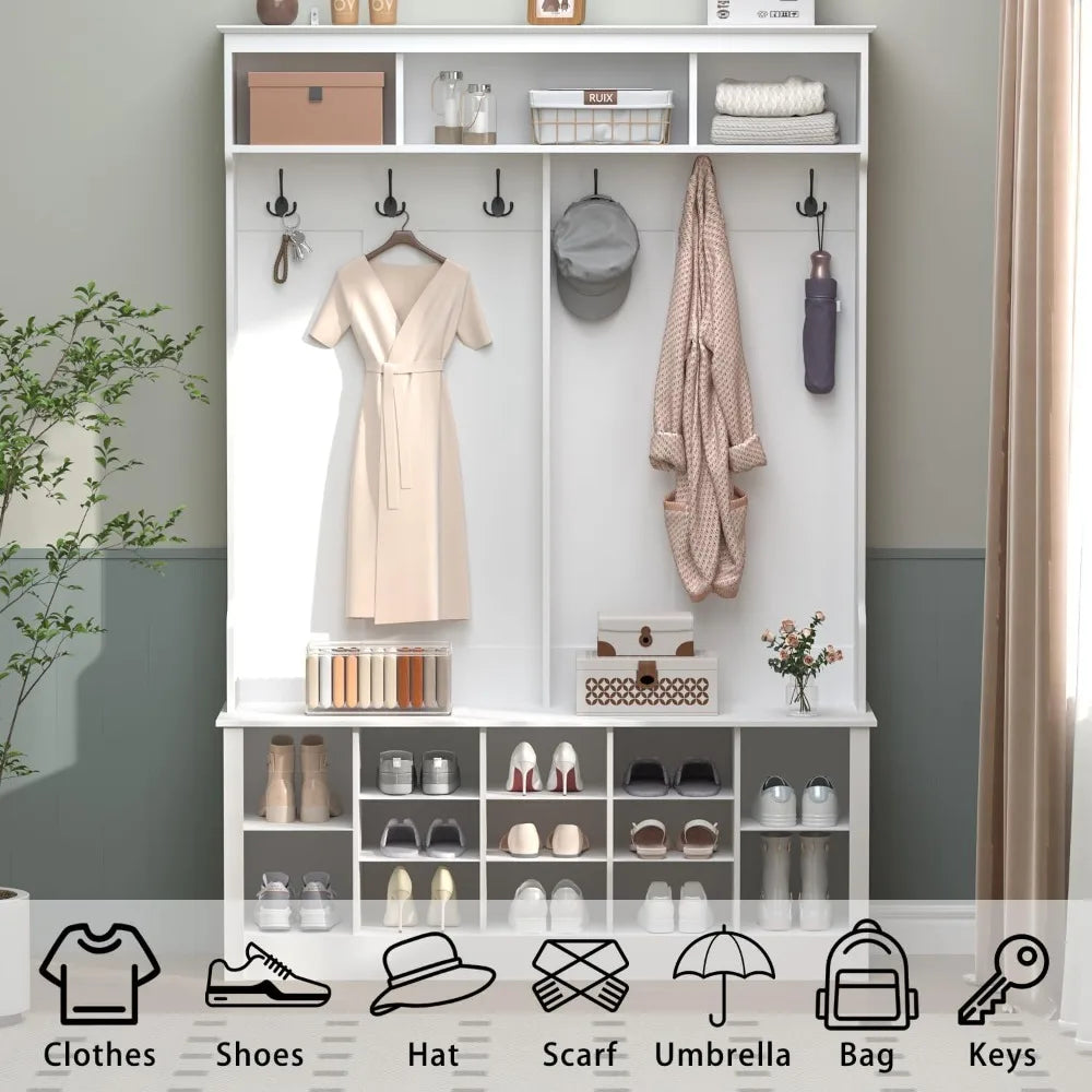 Hall Tree Bench Shoe Storage Farmhouse Entryway Organizer Coat Rack