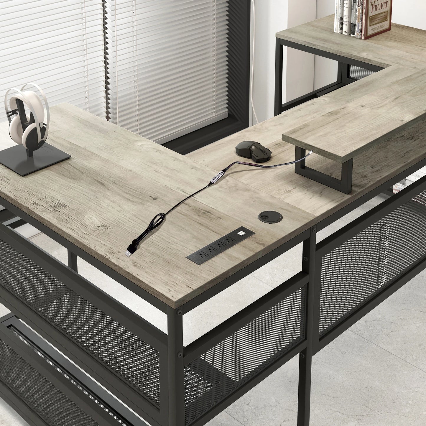 U Shaped Desk with LED Lights Power Outlets Monitor Stand Gaming Office