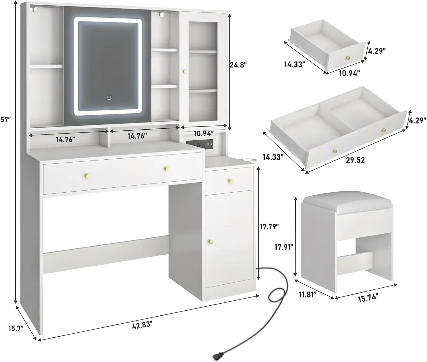 Makeup Mirror Desk with Charging Station and Storage for Girls Women