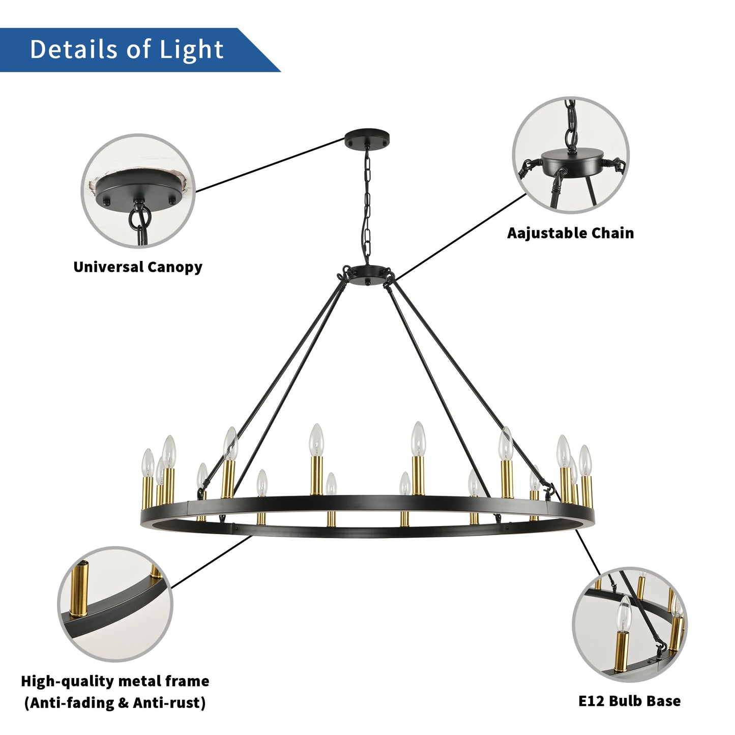 16-Light Wagon Wheel Chandelier Modern Rustic Pendant Light for Home