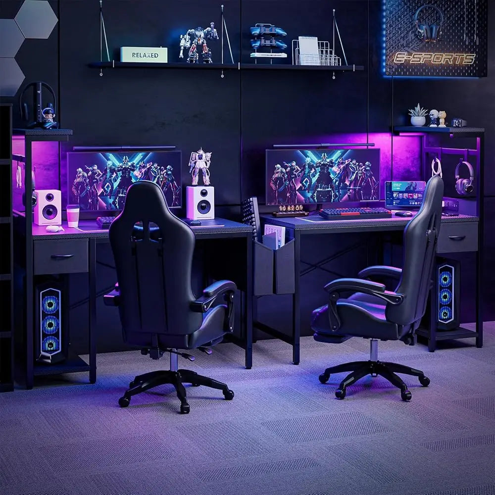 Gaming Desk with Power Outlet LED Light Reversible Shelves Storage Drawer