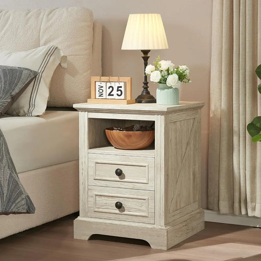 Nightstand with Charging Station 2 Drawers Open Storage Bedroom Side Table