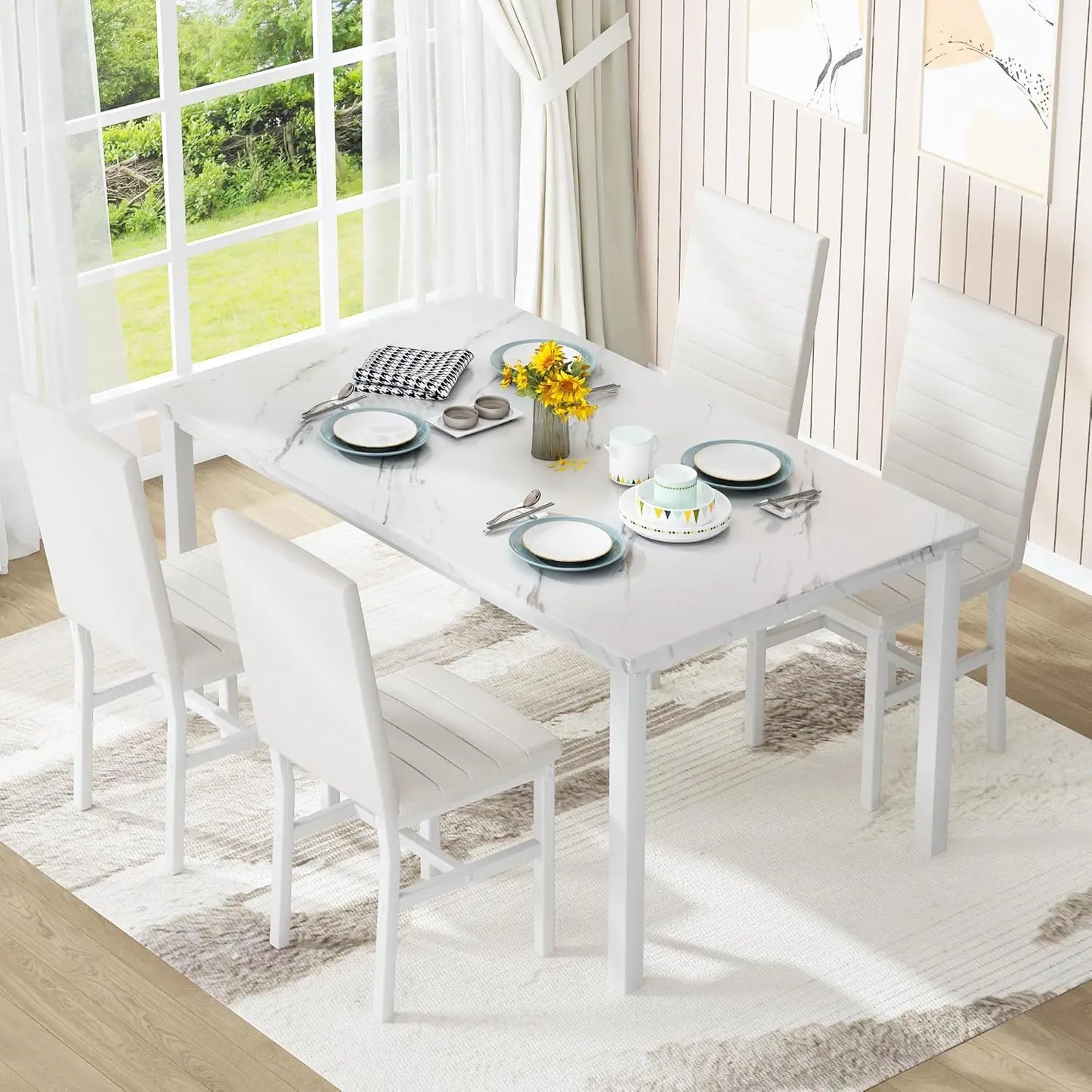 Dining Table Set for 4 Marble Top with Comfortable PU Leather Chairs