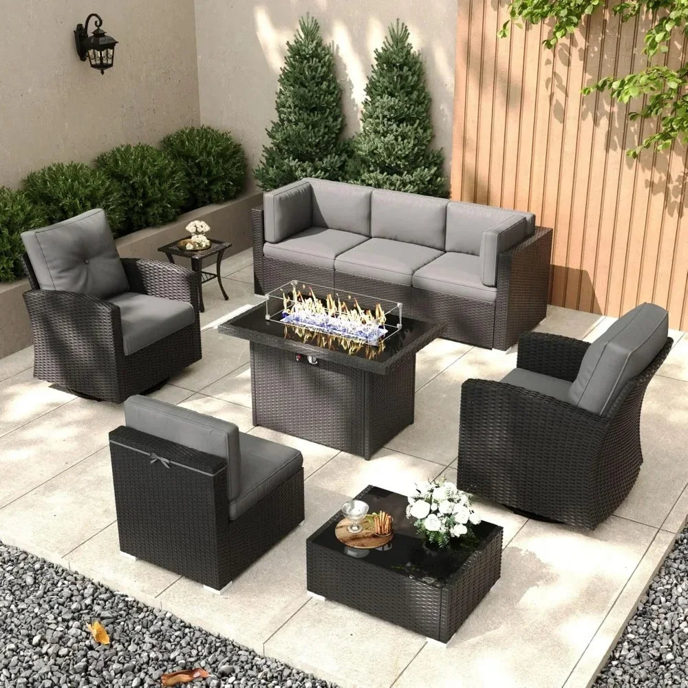 Patio Furniture Set with Fire Pit 8 Pieces Outdoor Wicker Sofa Set