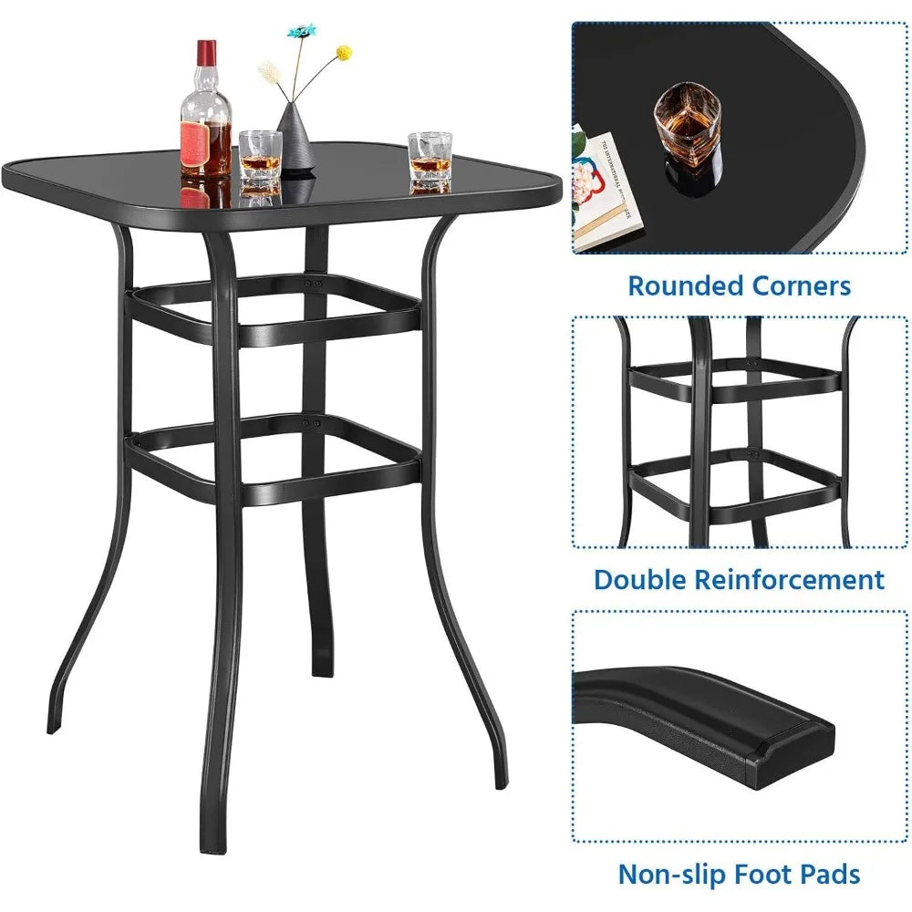 Ljustra Metal Frame Patio Bar Table Tempered Glass Outdoor Bistro Table