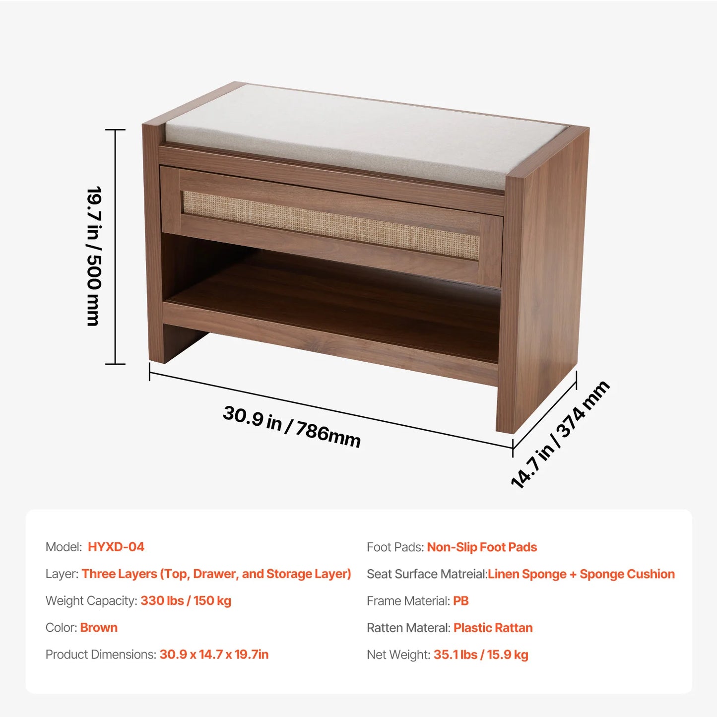 Ljustra Rattan Bench Entryway Seating Boho Oak Wood Legs Living Room