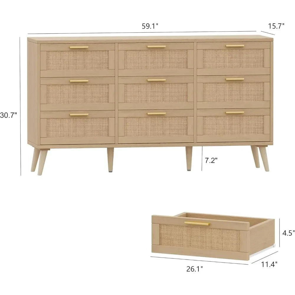 9 Drawer Double Dresser Modern Rattan Chest of Drawers Bedroom Storage