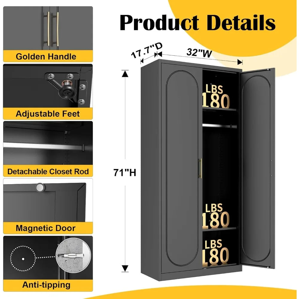 71 Inch Metal Armoire Wardrobe Closet Adjustable Shelves Hanging Rod