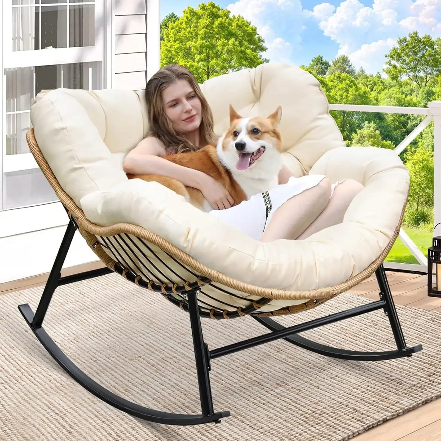 Rocking Egg Chair Indoor Outdoor Oversized Lounge Wicker Papasan Rocker