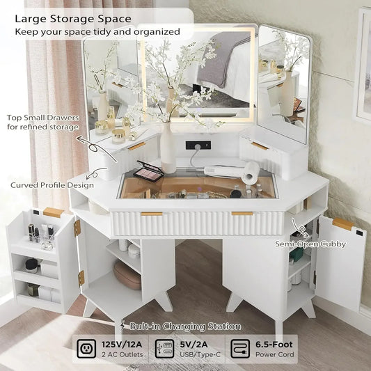 Fluted Makeup Vanity Desk with 3 Way Mirror Lights Charging Station Storage