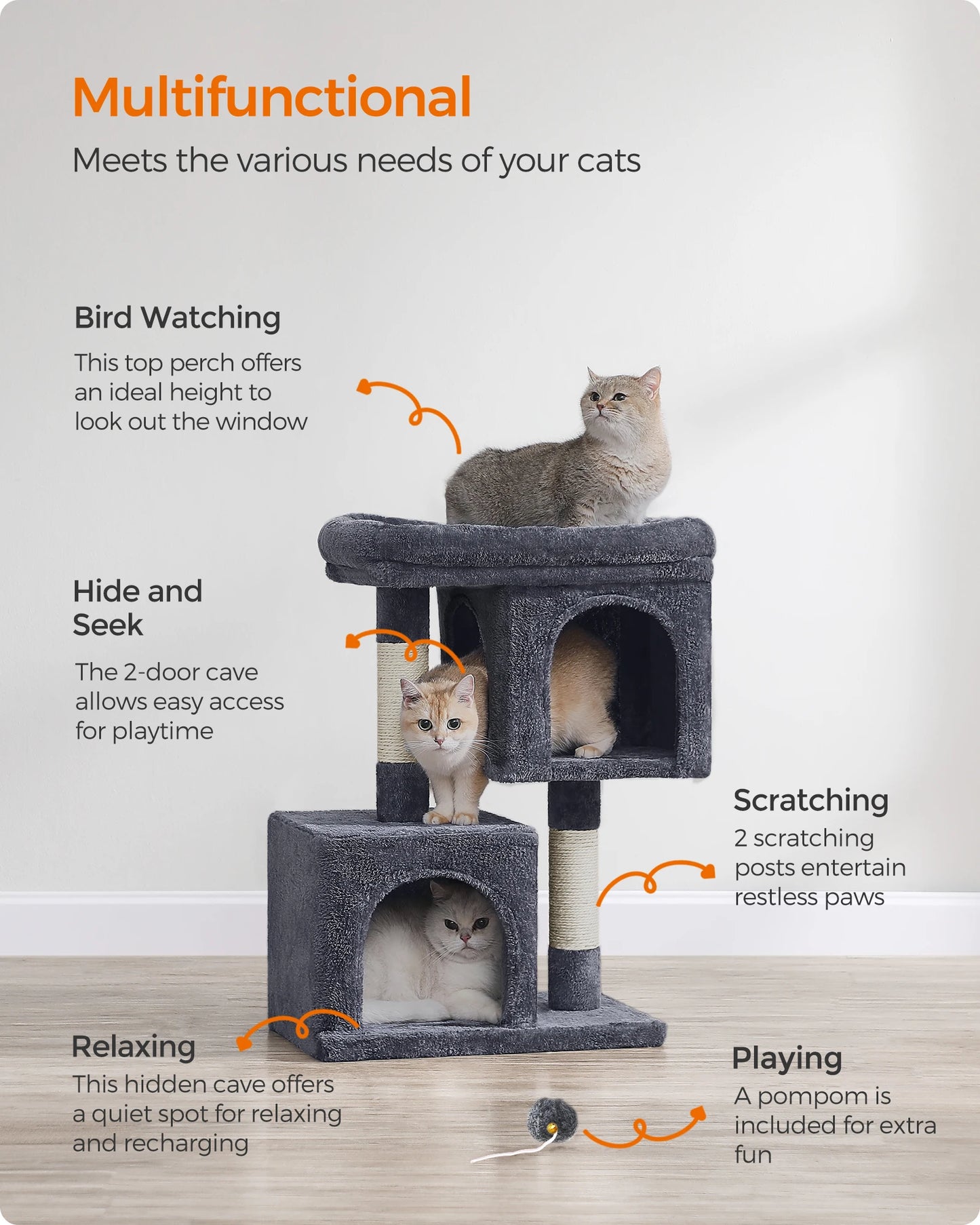 Ljustra Cat Tree 29 Inch Cat Tower Condo with 2 Caves and Scratching Post