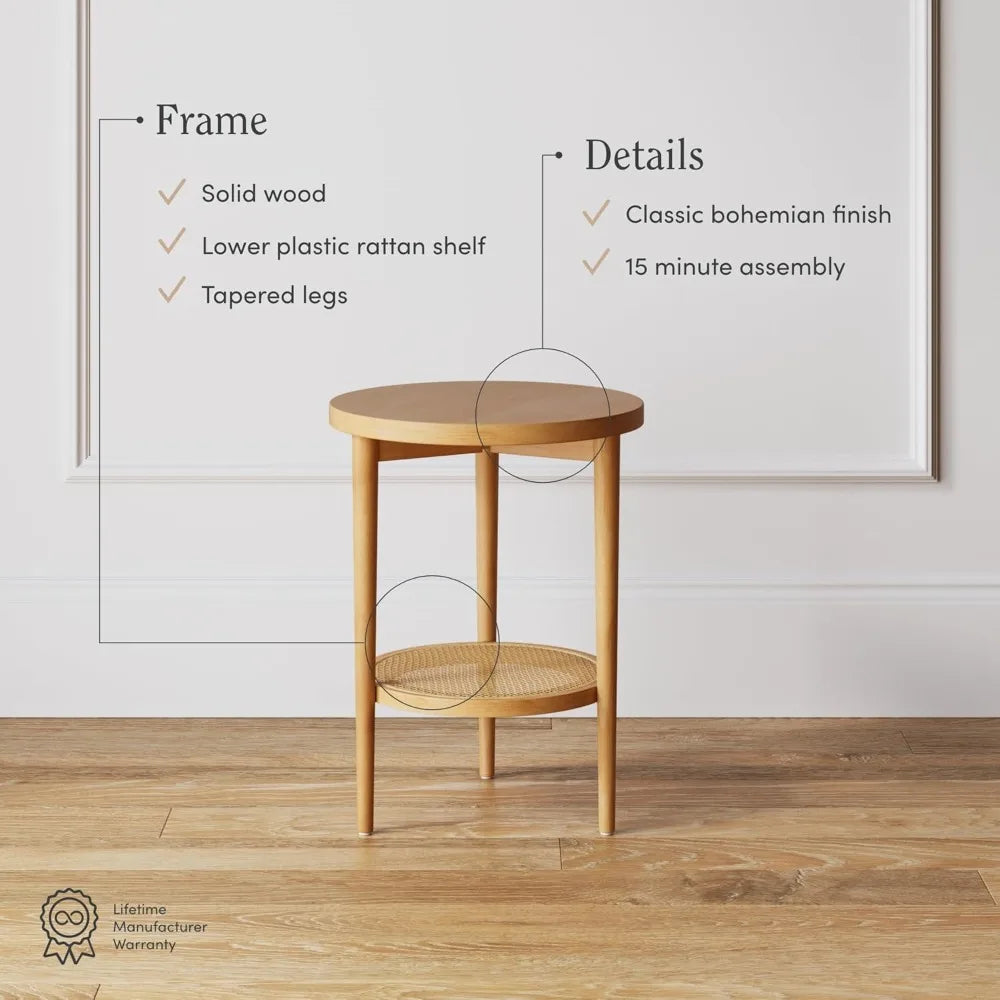 Sonia Boho Round Accent End Table Natural Wood Rattan Storage Shelf