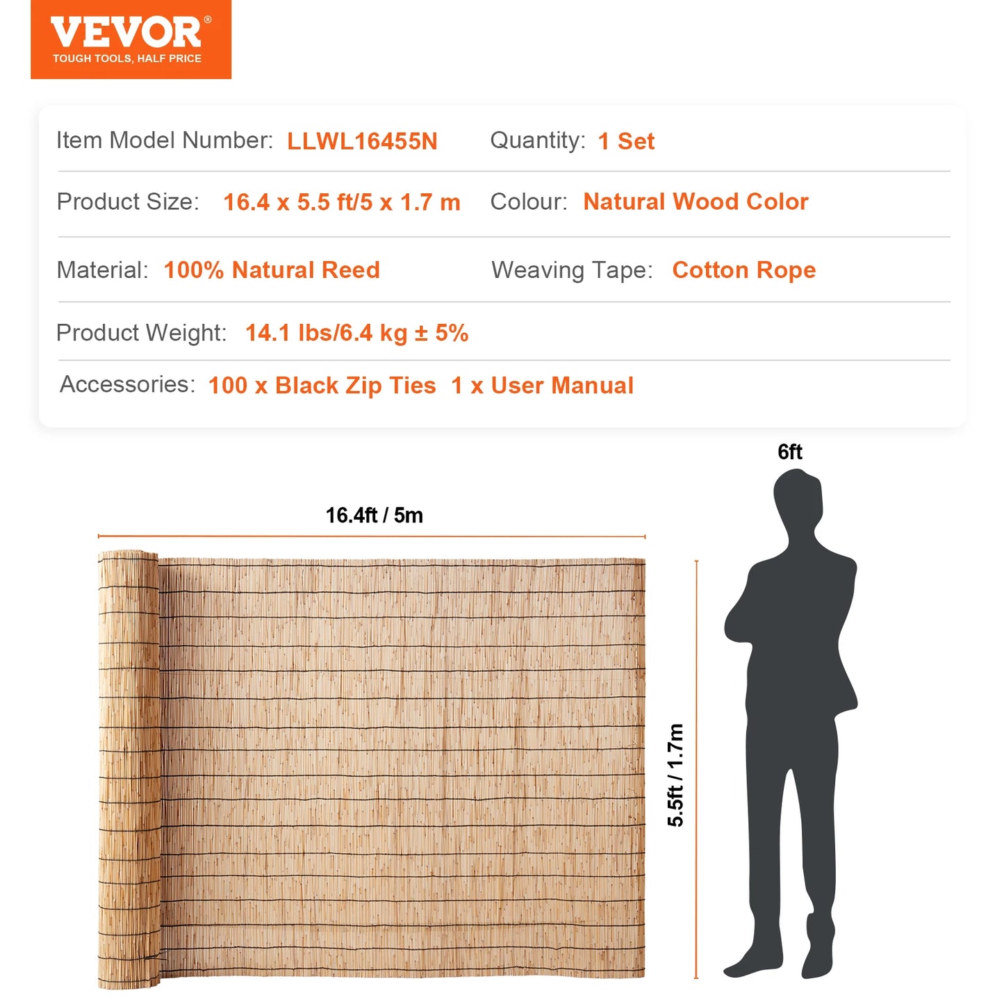 Natural Reed Fencing Roll 3.3ft x 13.3ft Outdoor Privacy Screen