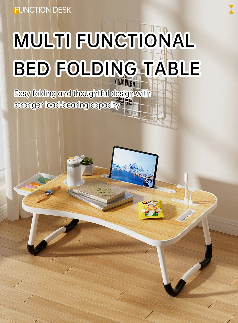 Portable Laptop Desk with USB Light Fan Cup Holder and Tablet Slot