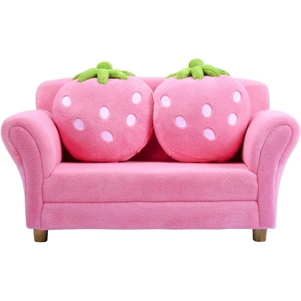 Pink Double Seat Sofa with Strawberry Pillows for Kids Room