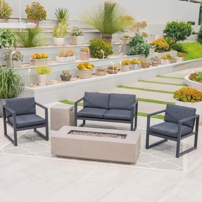 Outdoor 4-Seater Aluminum Chat Set with Fire Pit Tank Holder