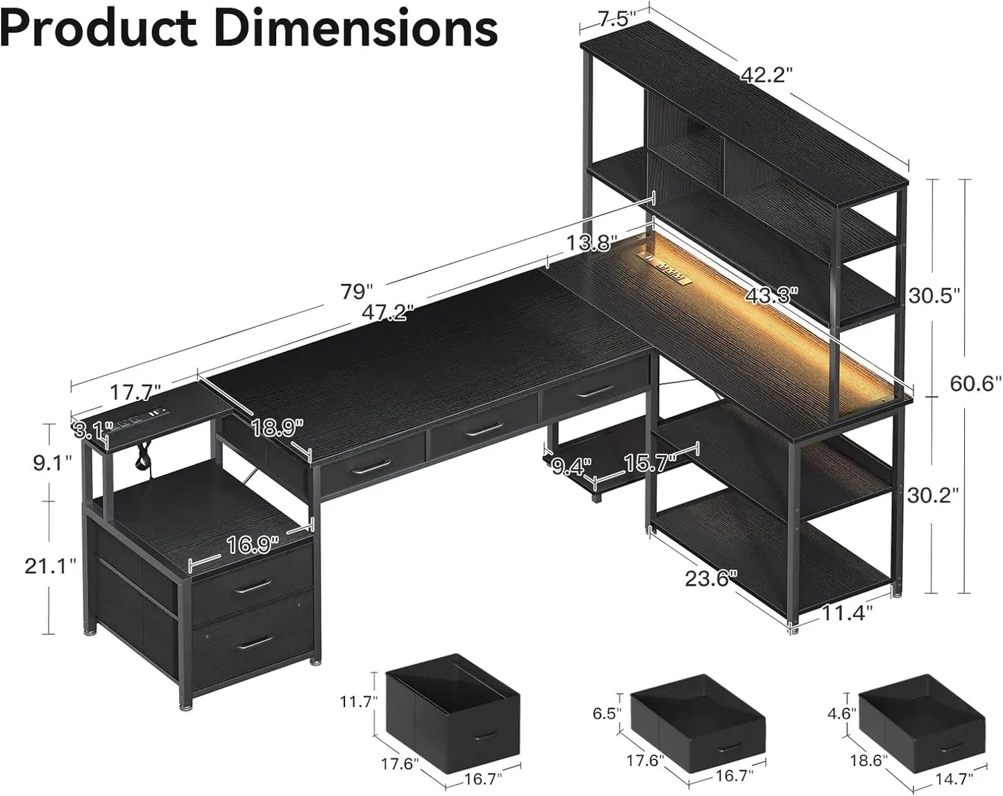 L Shaped Gaming Desk with File Drawers Power Outlets LED Lights