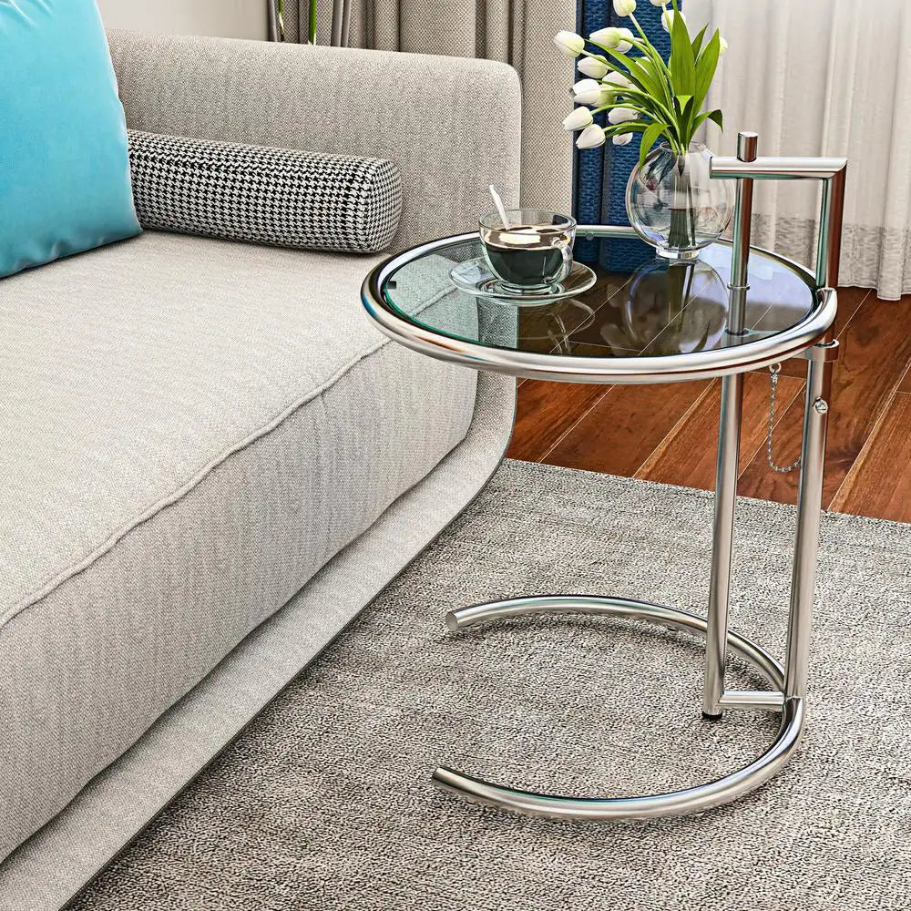 Modern Adjustable Chrome-Plated Glass Coffee Table Side End Table