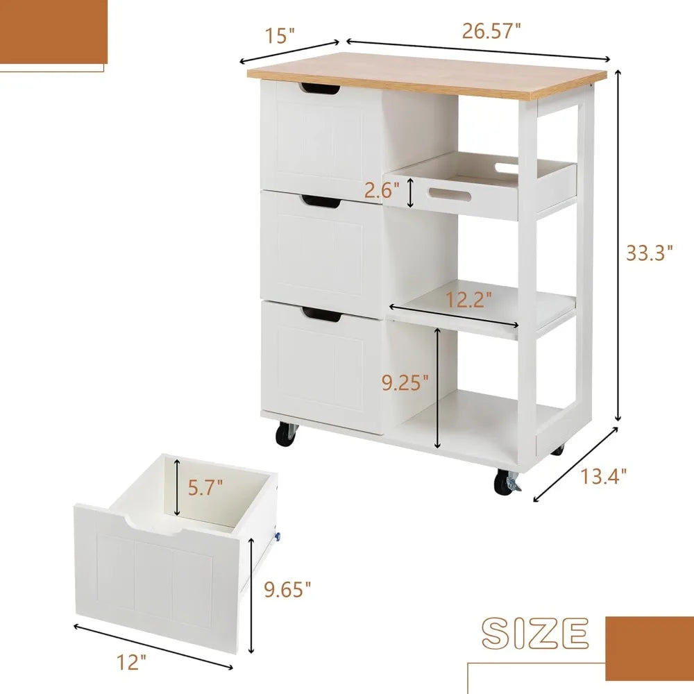Kitchen Island Storage Cart Rolling Microwave Cart with 3 Drawers