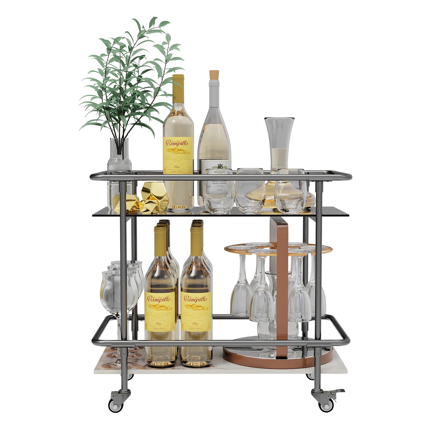 Luxury Modern Rolling Bar Cart 2-Tier Serving Cart with Lockable Wheels
