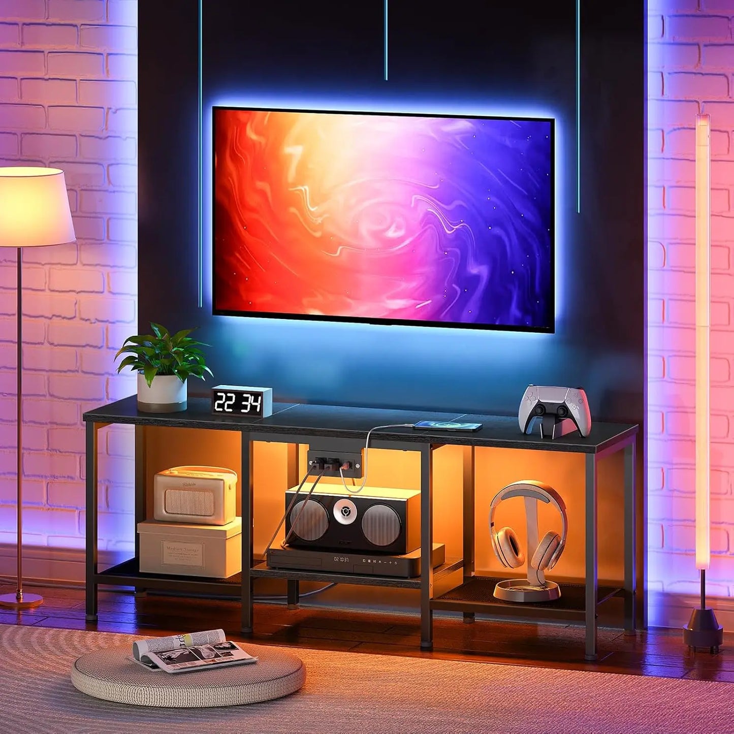 TV Stand with Charging Station LED Entertainment Center for 55 Inch TV