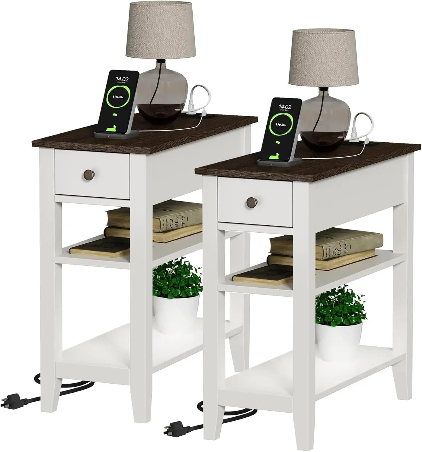 Farmhouse End Table Set of 2 Narrow Sofa Side Table with Charging Station
