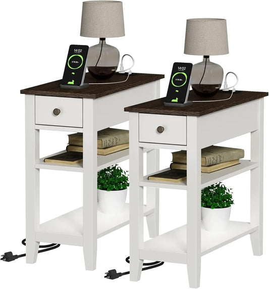 Farmhouse End Table Set of 2 with Charging Station and USB Ports