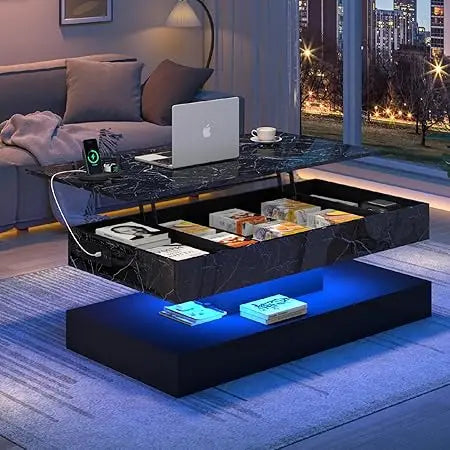 Large Lift Top Coffee Table with Charging Station LED Modern Center Table