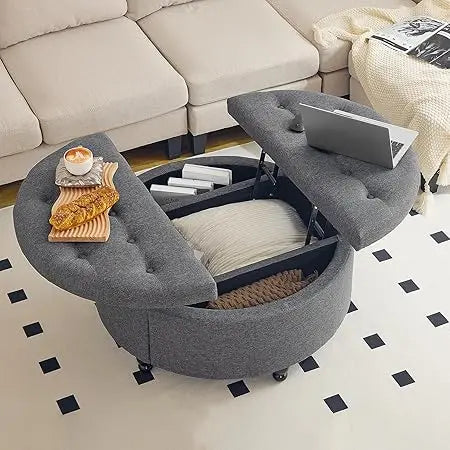 Ljustra Round Storage Ottoman Coffee Table Upholstered Lift Top 35 Inch