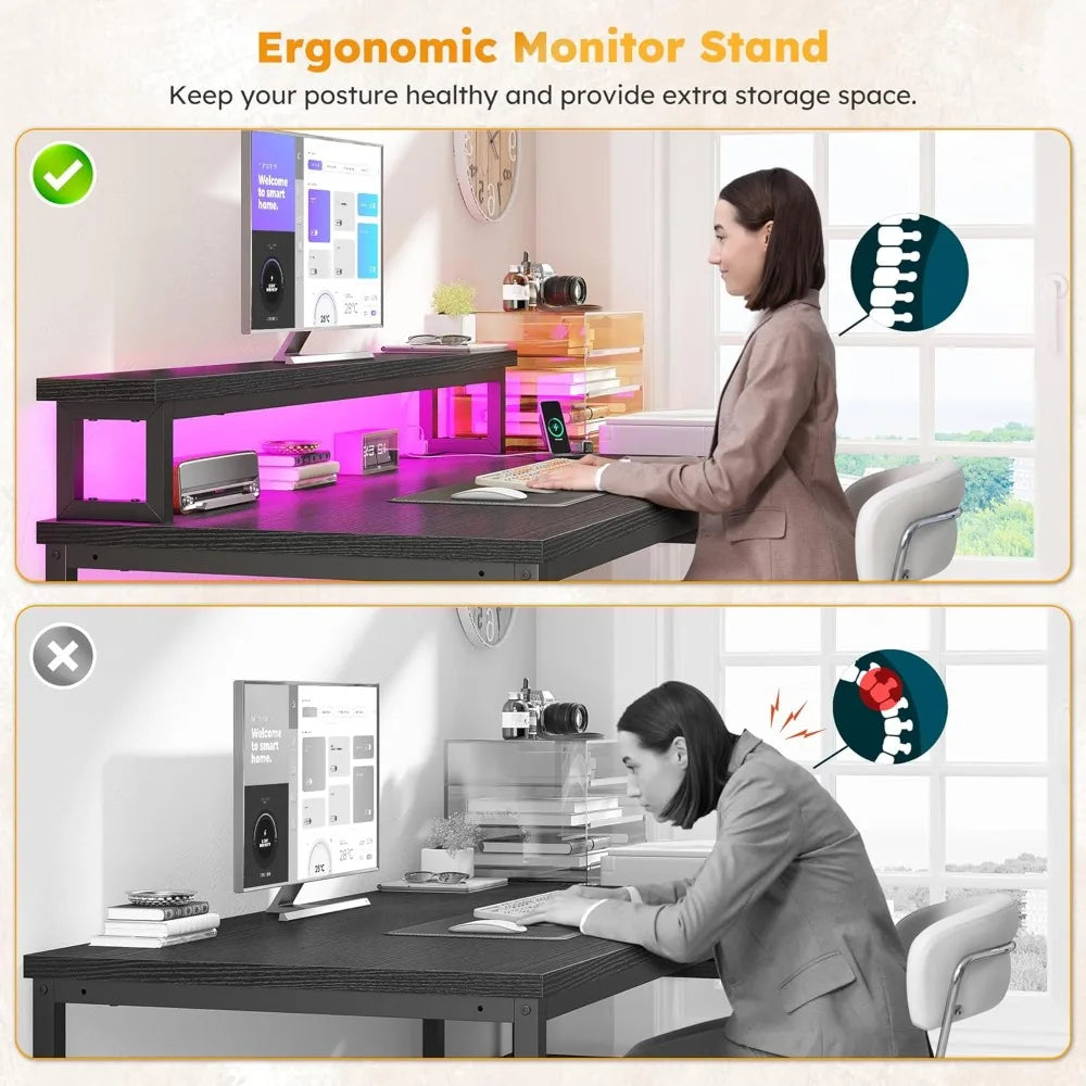 Computer Desk with Power Outlets LED Lights Spacious Office Storage