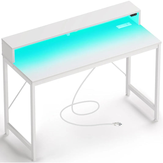 Computer Desk with LED Lights Power Outlets Gaming Writing Home Office