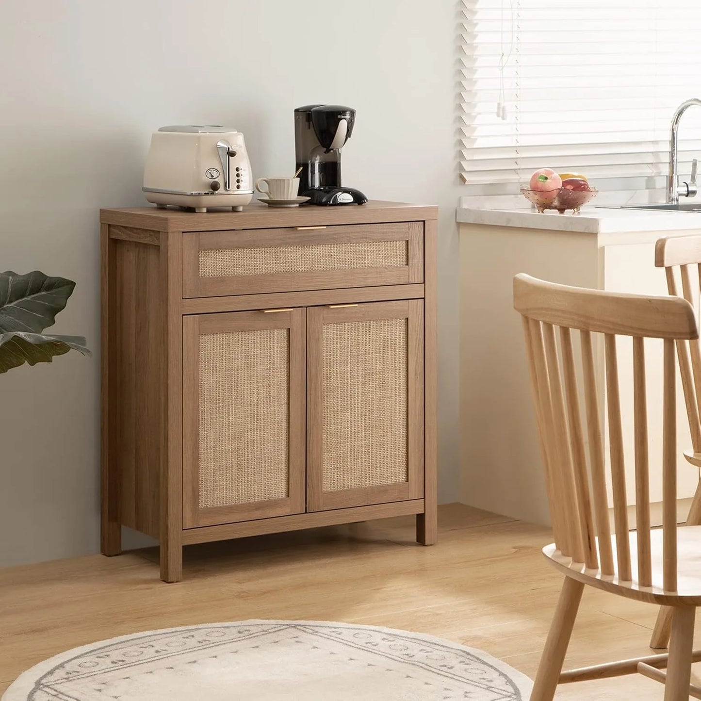 Ljustra Three Piece Side Panel Buffet Cabinet Rattan Storage Natural Oak
