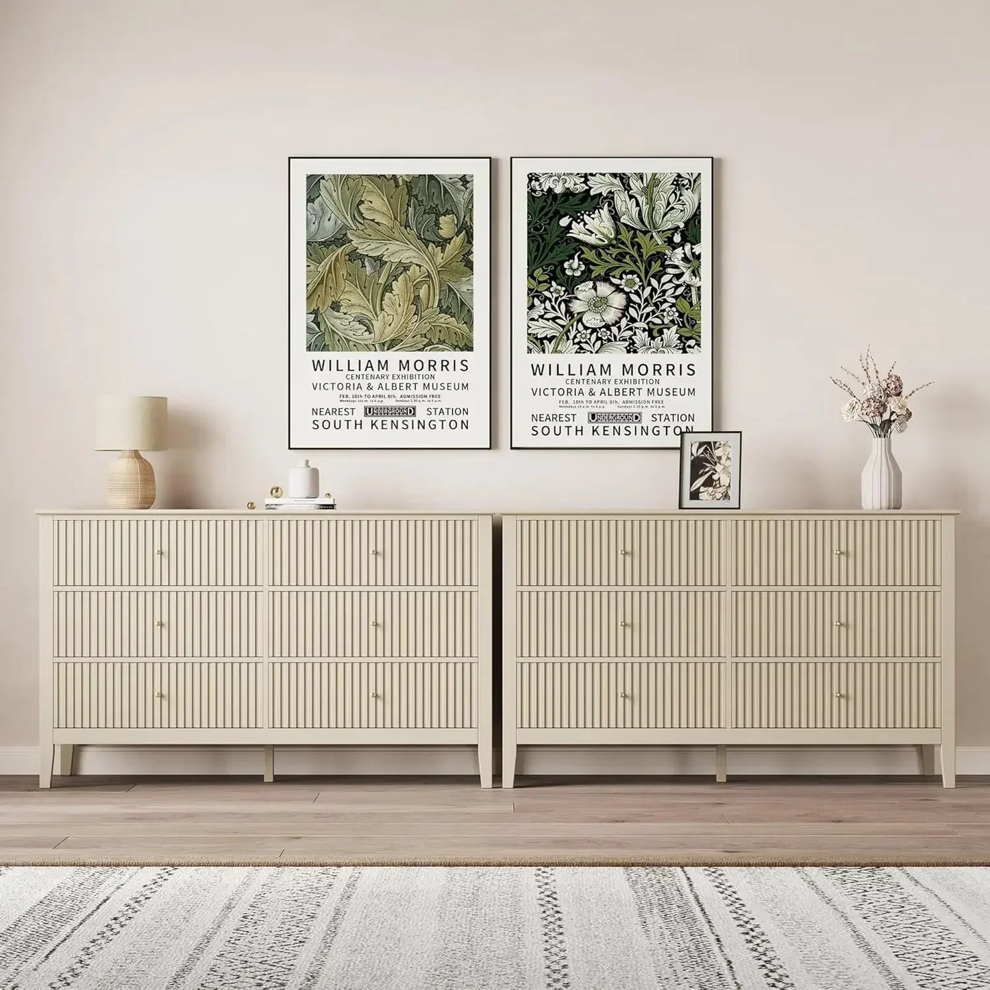 Beige 6 Drawer Dresser Fluted Modern Wood Chest TV Stand Storage Cabinet