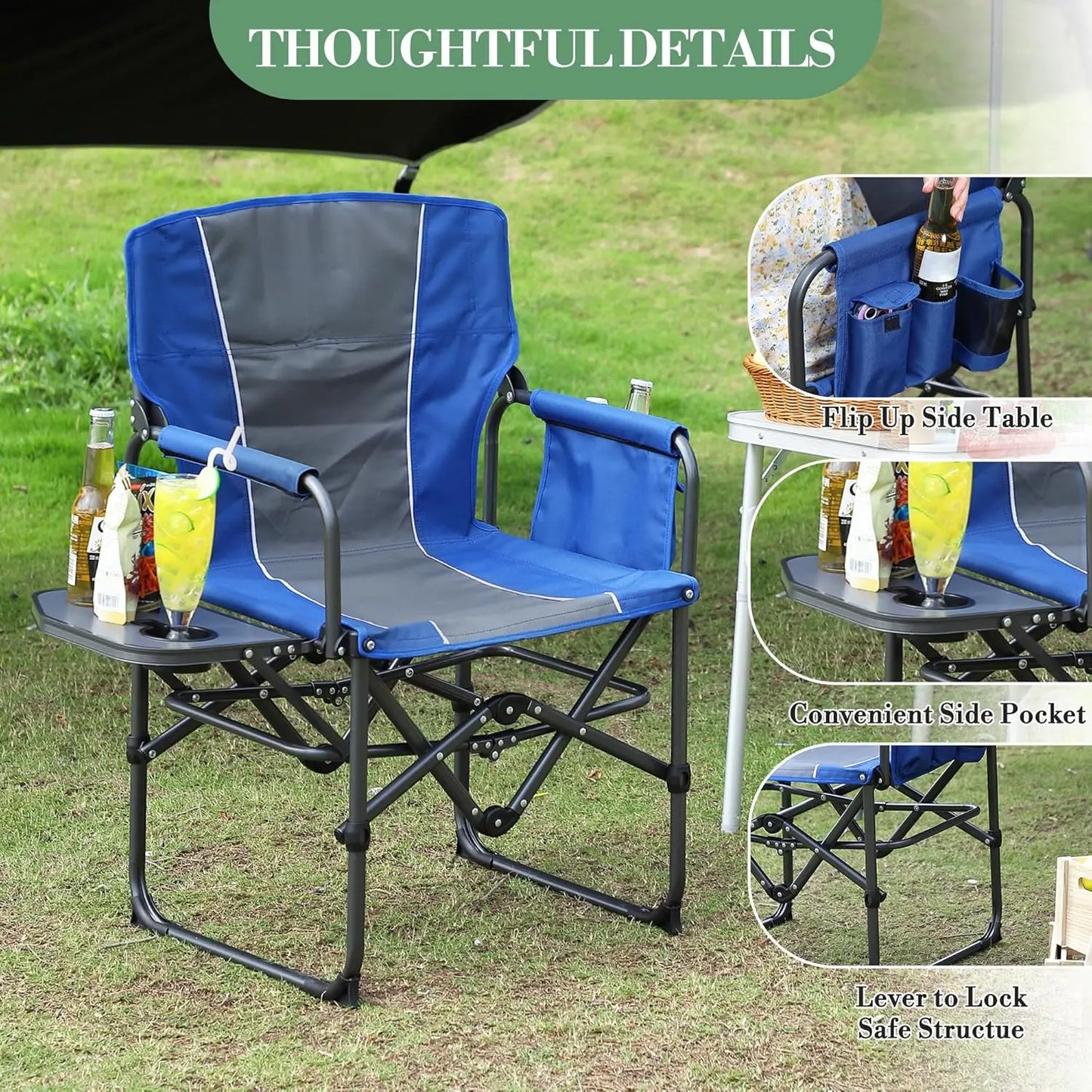 Folding Camping Chair with Side Table Pocket and Beverage Holder for Outdoors