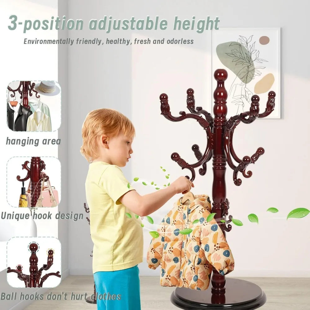 Freestanding Coat Rack Solid Wood 14 Hooks Adjustable Height Stand
