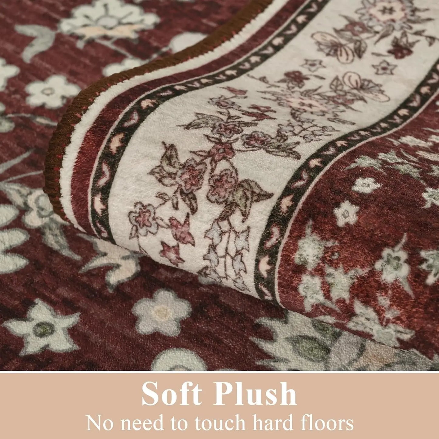 Ljustra Washable Area Rug Vintage Floral Print Non Slip Soft Carpet