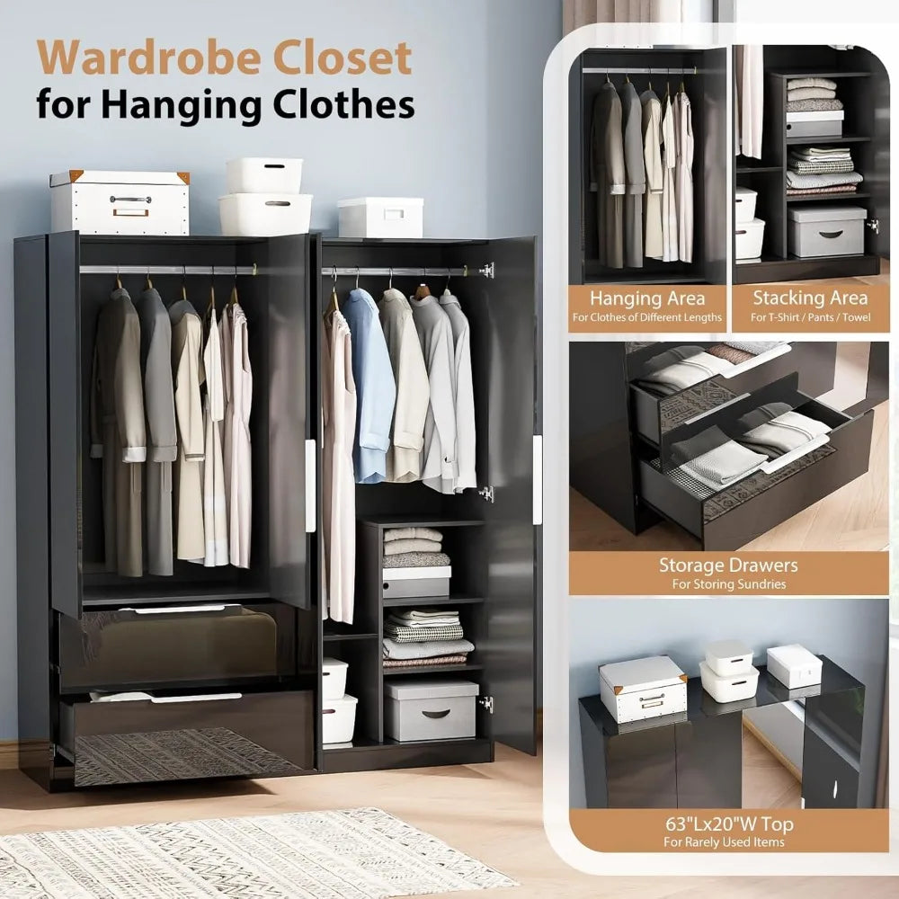 Modern 63" Wardrobe Closet with Mirror 4 Doors Armoire Cabinet Storage