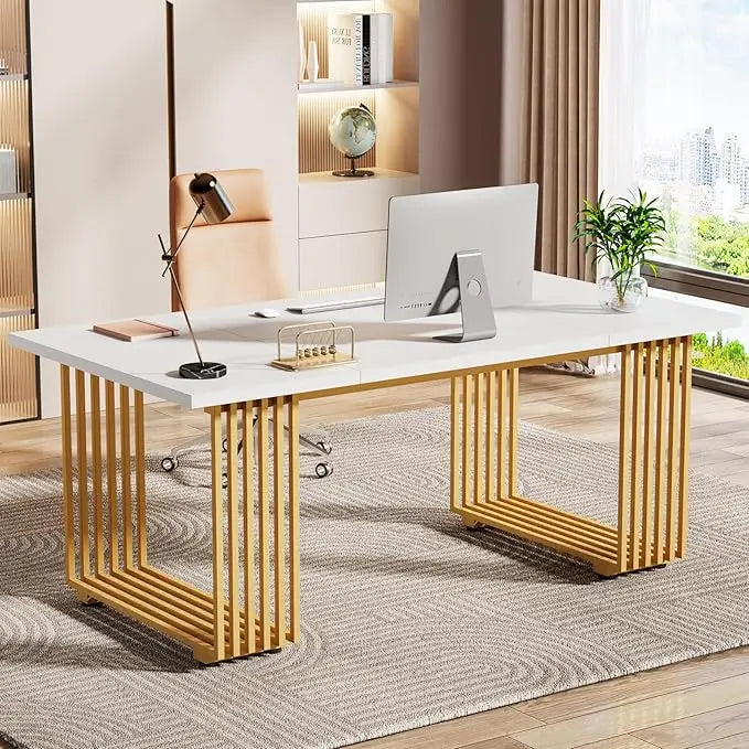 Ljustra 70.9" Modern Office Desk Wooden Computer Desk Gold Legs Workstation