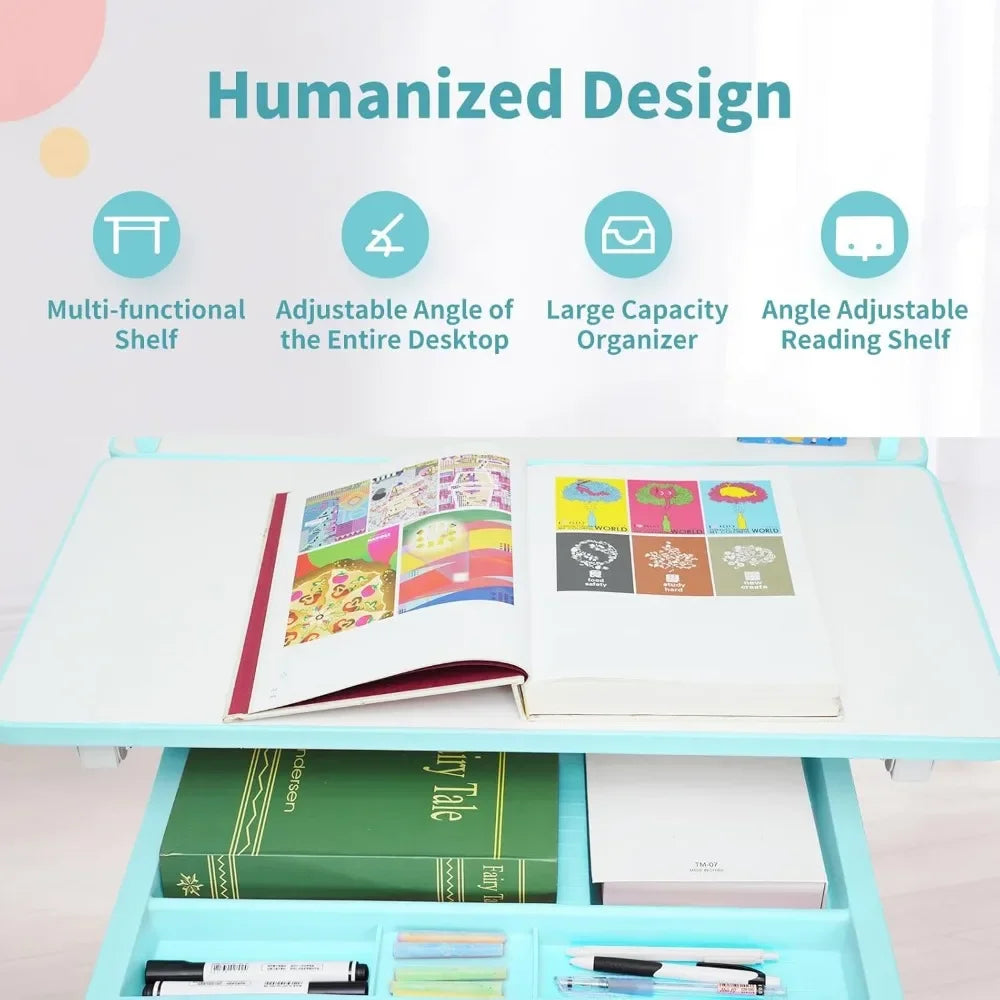 Kids Desk Chair Set Height Adjustable LED Lamp Tilting Tabletop