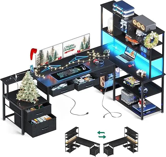 L Shaped Desk with File Drawers Reversible Gaming Desk with Power Outlets
