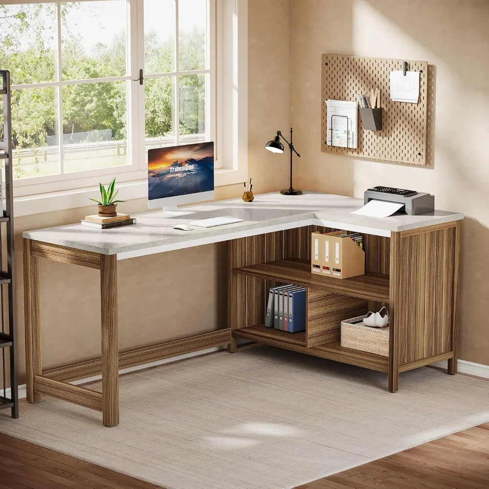 L-Shaped Executive Desk 57" Modern Computer Desk with Storage Shelves