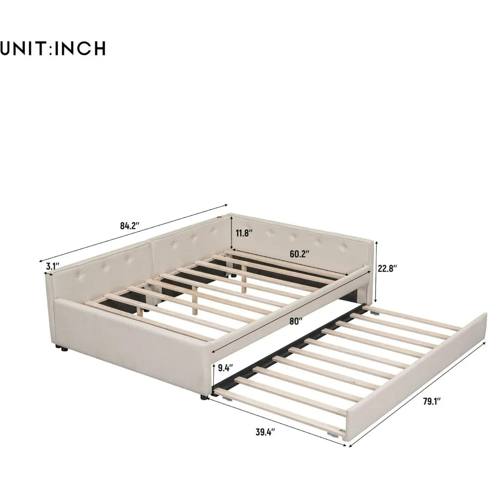 Queen Bed Frame with Trundle Linen Upholstered Daybed with USB Ports