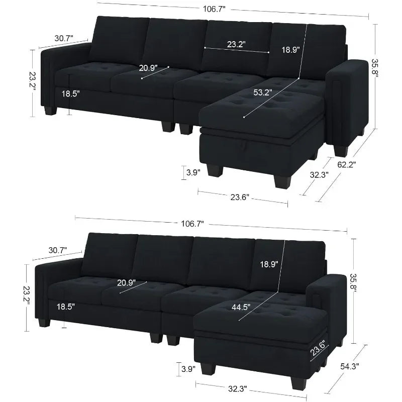 Ljustra Black Velvet Reversible Sectional Sofa Storage Ottoman 4-Seat L-Shaped Couch