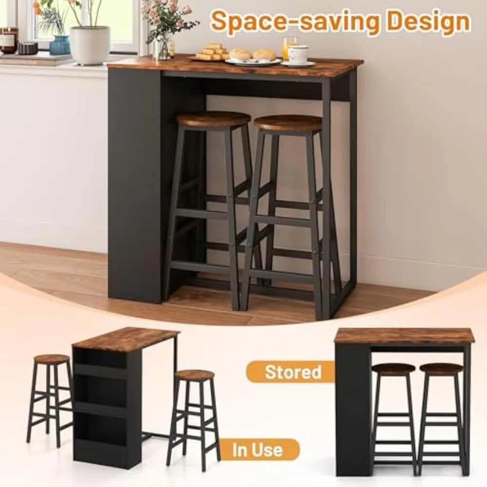 Modern 3-Piece Bar Table Set with Storage Shelves and 2 Chairs