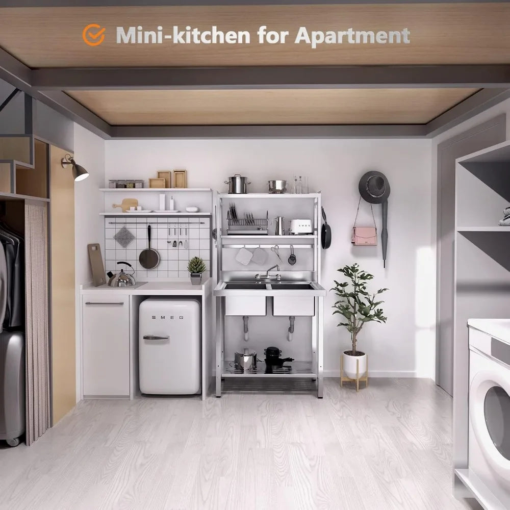 67 Inch Commercial Sink Double Basin Stainless Steel with Shelves