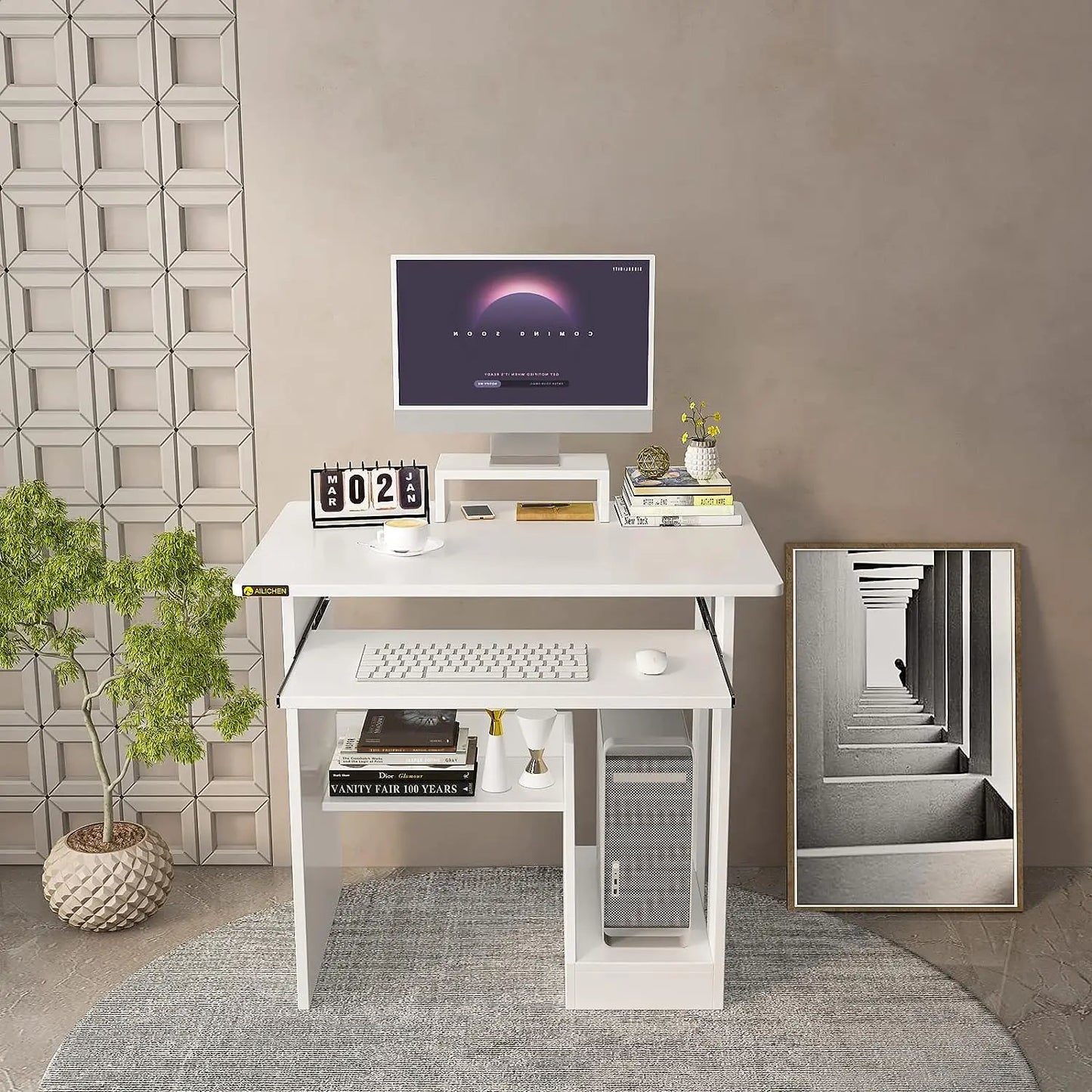 Home Office Computer Desk with Monitor Stand and Keyboard Tray